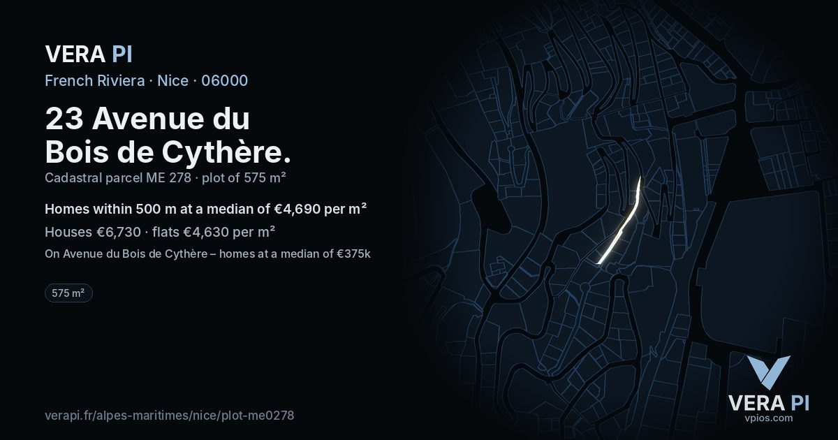 23 Avenue du Bois de Cythère, Nice at night – the plot lit, the parcels around coloured by the prices near them