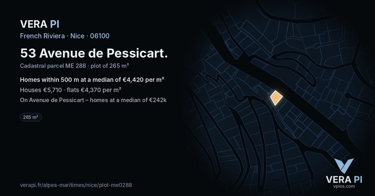 53 Avenue de Pessicart, Nice at night – the plot lit, the parcels around coloured by the prices near them