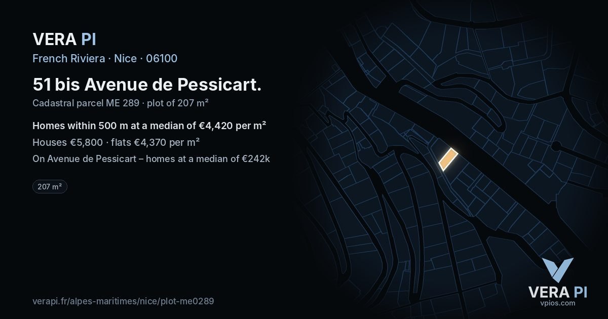 51 bis Avenue de Pessicart, Nice at night – the plot lit, the parcels around coloured by the prices near them
