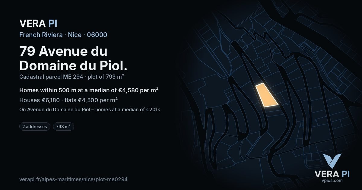 79 Avenue du Domaine du Piol, Nice at night – the plot lit, the parcels around coloured by the prices near them