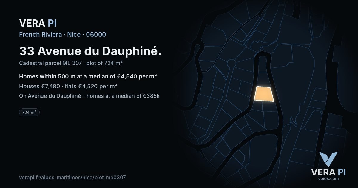 33 Avenue du Dauphiné, Nice at night – the plot lit, the parcels around coloured by the prices near them