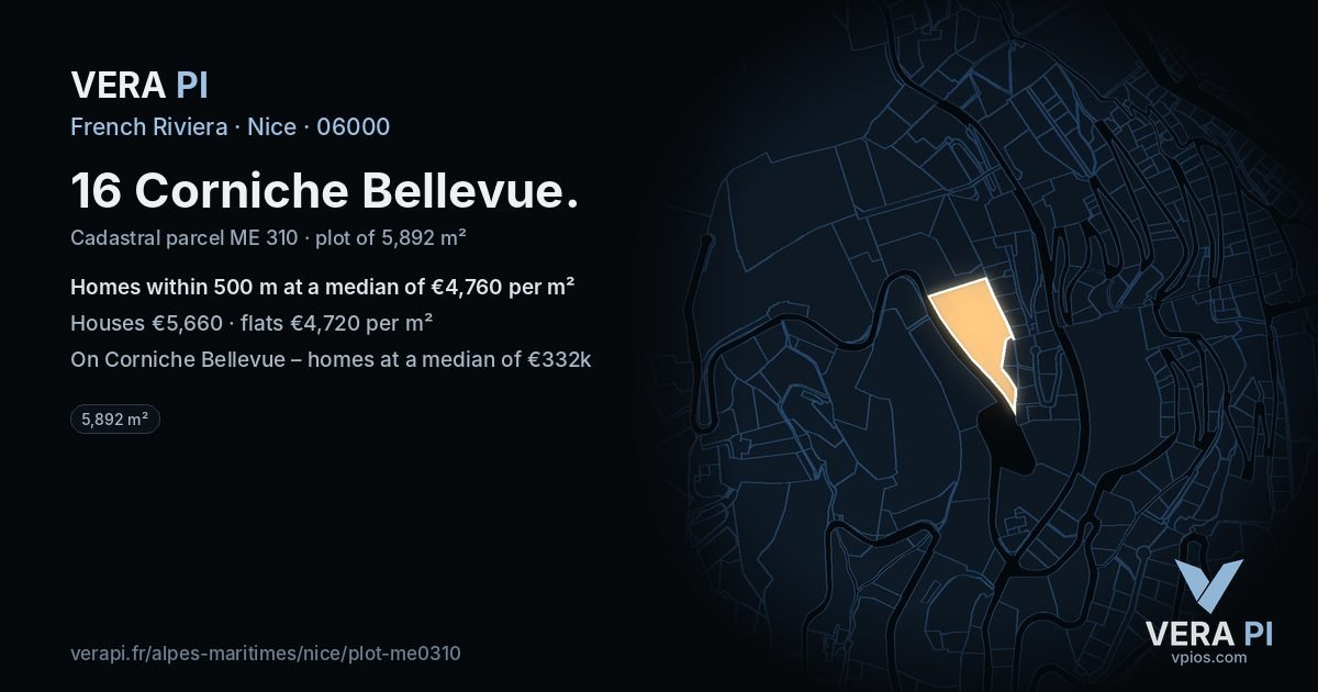 16 Corniche Bellevue, Nice at night – the plot lit, the parcels around coloured by the prices near them
