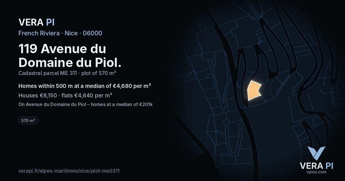 119 Avenue du Domaine du Piol, Nice at night – the plot lit, the parcels around coloured by the prices near them