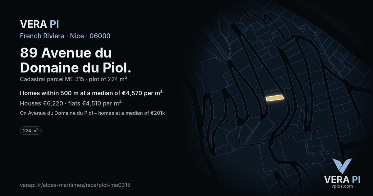 89 Avenue du Domaine du Piol, Nice at night – the plot lit, the parcels around coloured by the prices near them