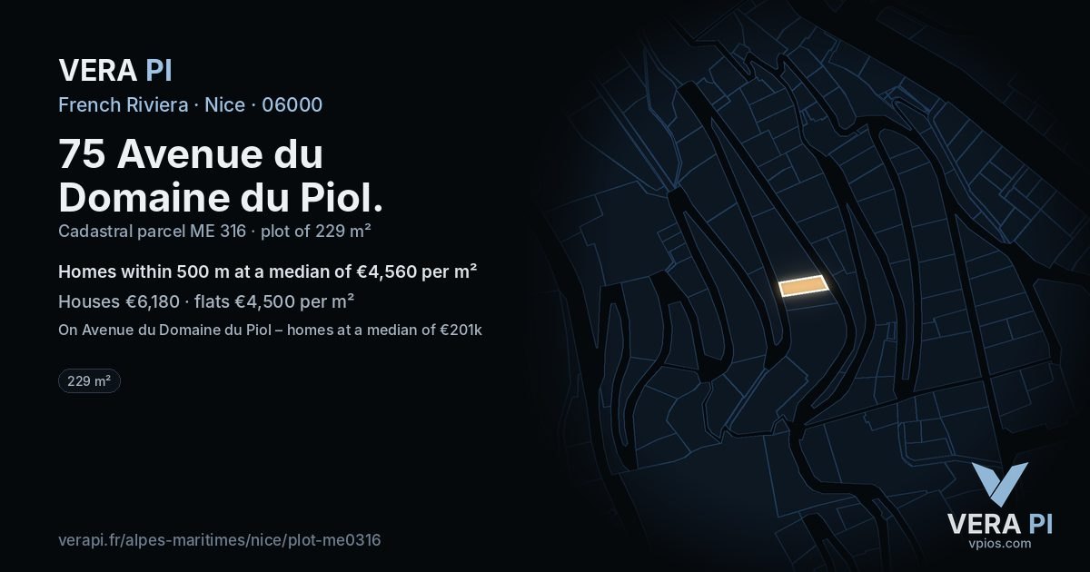 75 Avenue du Domaine du Piol, Nice at night – the plot lit, the parcels around coloured by the prices near them