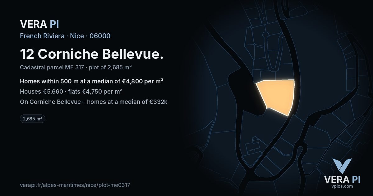 12 Corniche Bellevue, Nice at night – the plot lit, the parcels around coloured by the prices near them