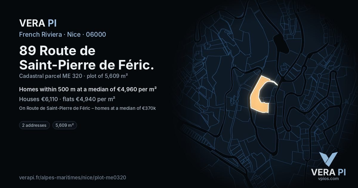 89 Route de Saint-Pierre de Féric, Nice at night – the plot lit, the parcels around coloured by the prices near them