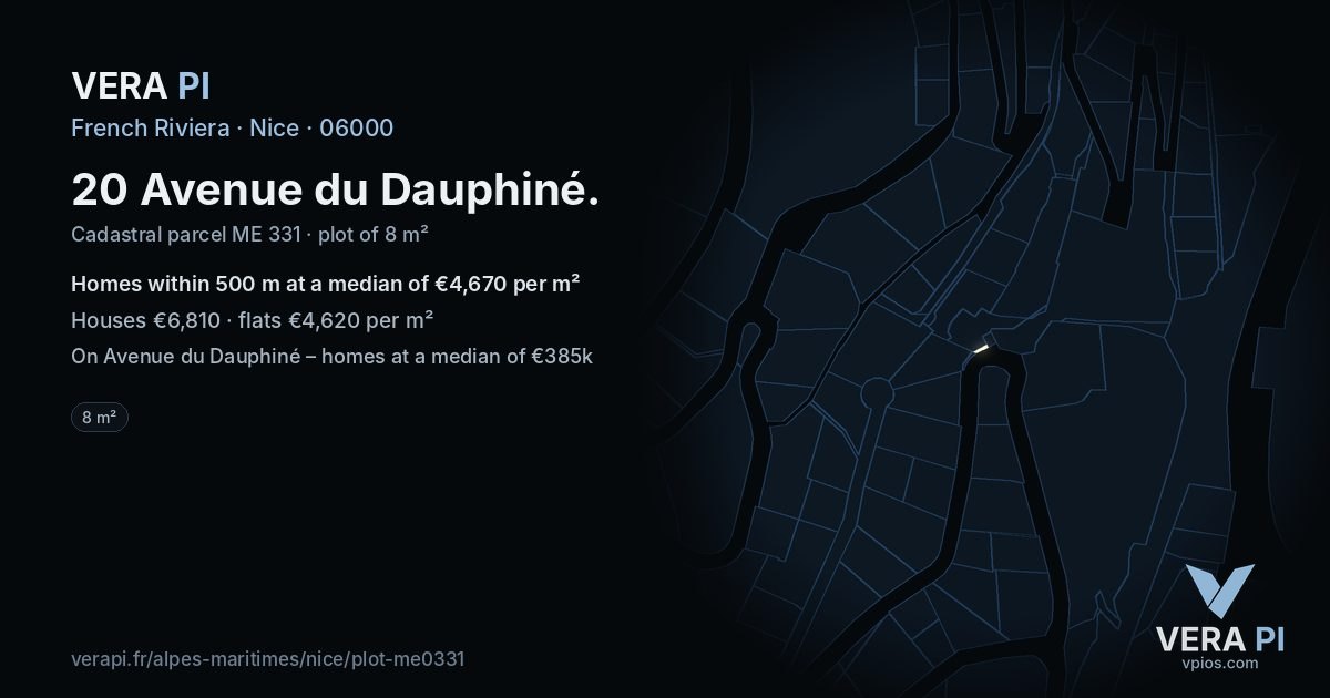 20 Avenue du Dauphiné, Nice at night – the plot lit, the parcels around coloured by the prices near them