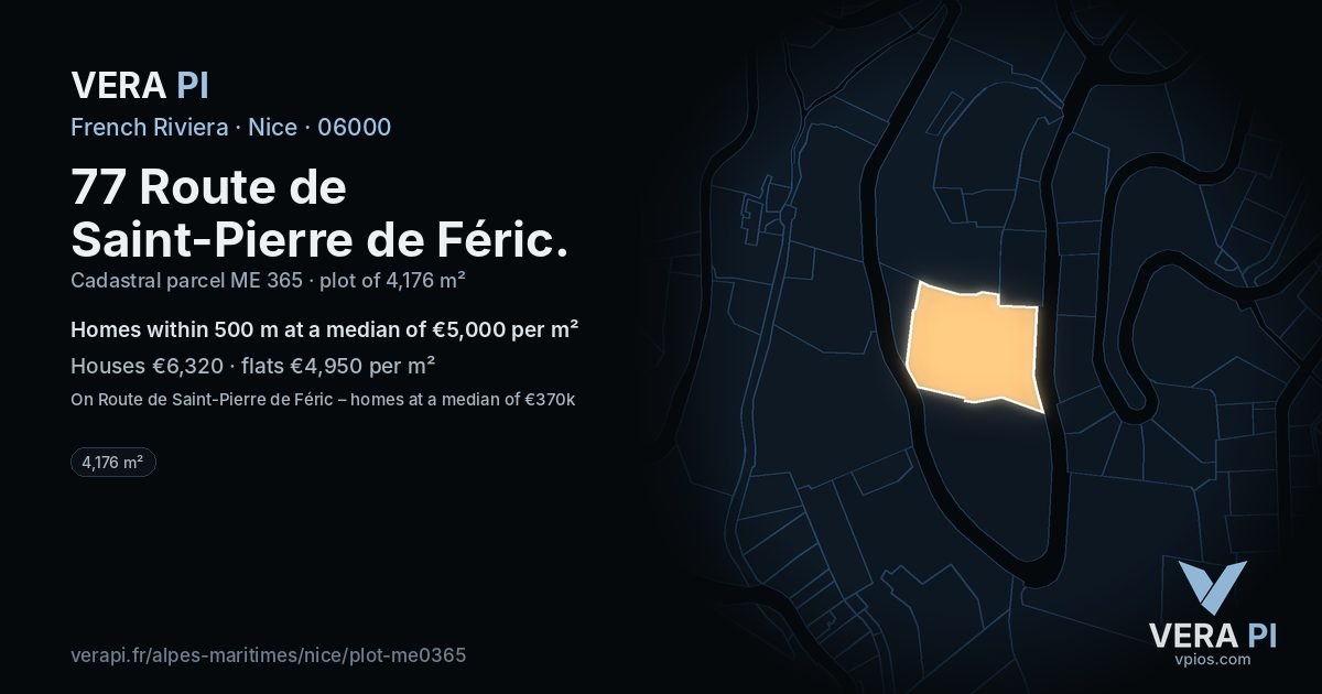 77 Route de Saint-Pierre de Féric, Nice at night – the plot lit, the parcels around coloured by the prices near them