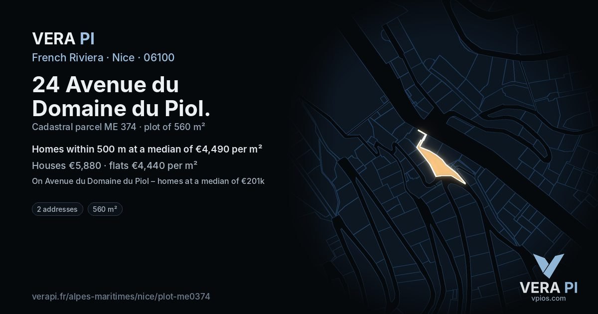 24 Avenue du Domaine du Piol, Nice at night – the plot lit, the parcels around coloured by the prices near them