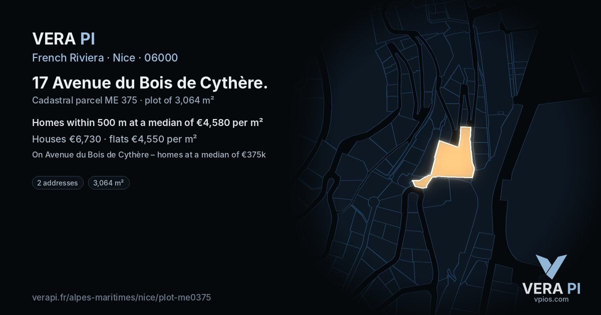 17 Avenue du Bois de Cythère, Nice at night – the plot lit, the parcels around coloured by the prices near them