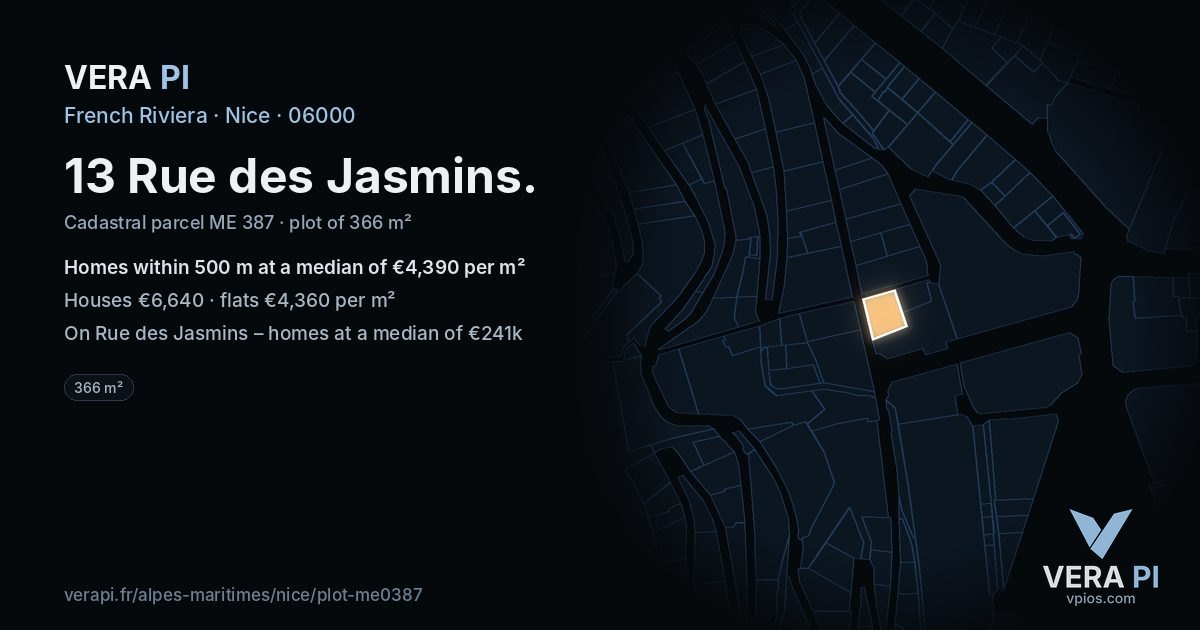13 Rue des Jasmins, Nice at night – the plot lit, the parcels around coloured by the prices near them