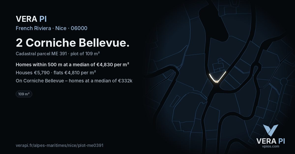 2 Corniche Bellevue, Nice at night – the plot lit, the parcels around coloured by the prices near them