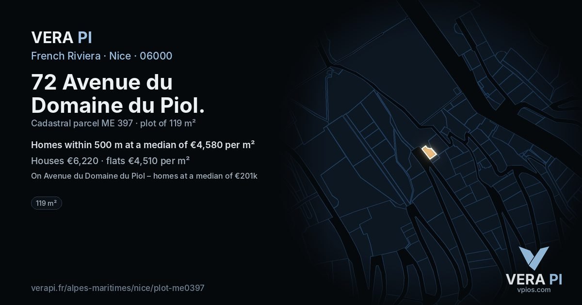 72 Avenue du Domaine du Piol, Nice at night – the plot lit, the parcels around coloured by the prices near them