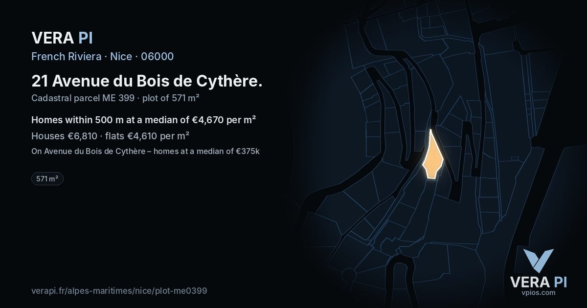 21 Avenue du Bois de Cythère, Nice at night – the plot lit, the parcels around coloured by the prices near them