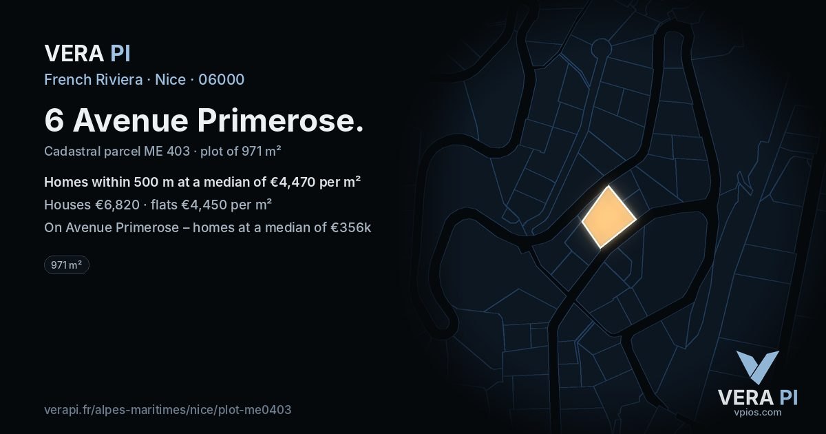 6 Avenue Primerose, Nice at night – the plot lit, the parcels around coloured by the prices near them