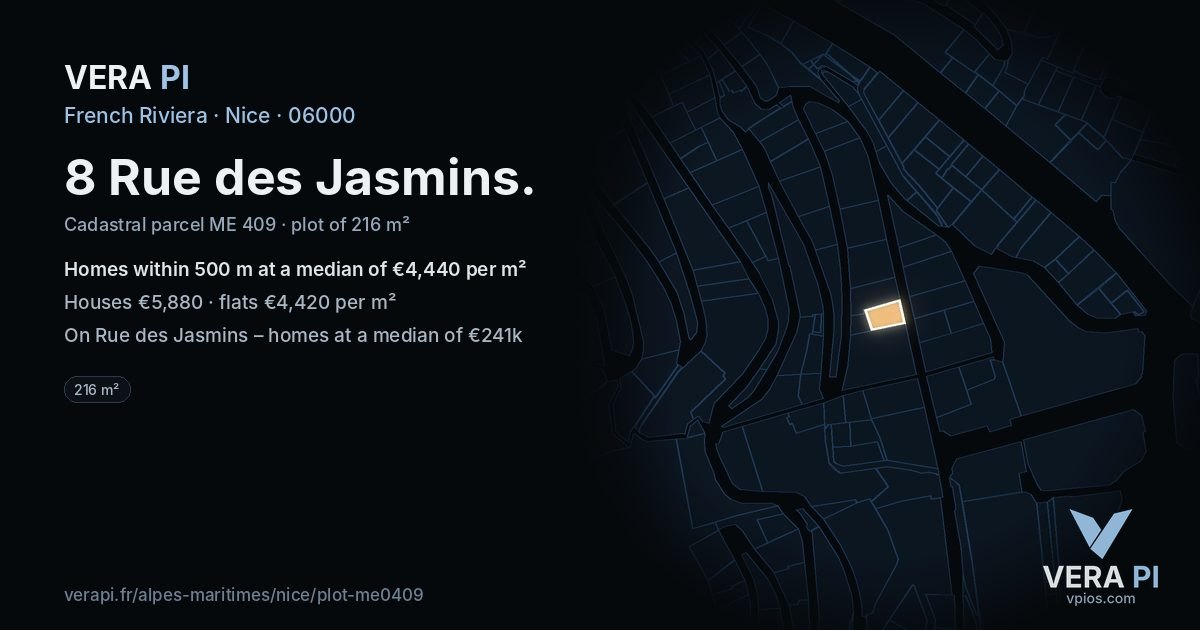 8 Rue des Jasmins, Nice at night – the plot lit, the parcels around coloured by the prices near them
