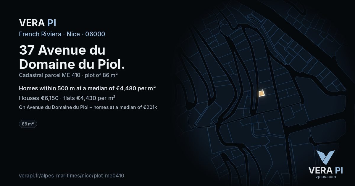 37 Avenue du Domaine du Piol, Nice at night – the plot lit, the parcels around coloured by the prices near them