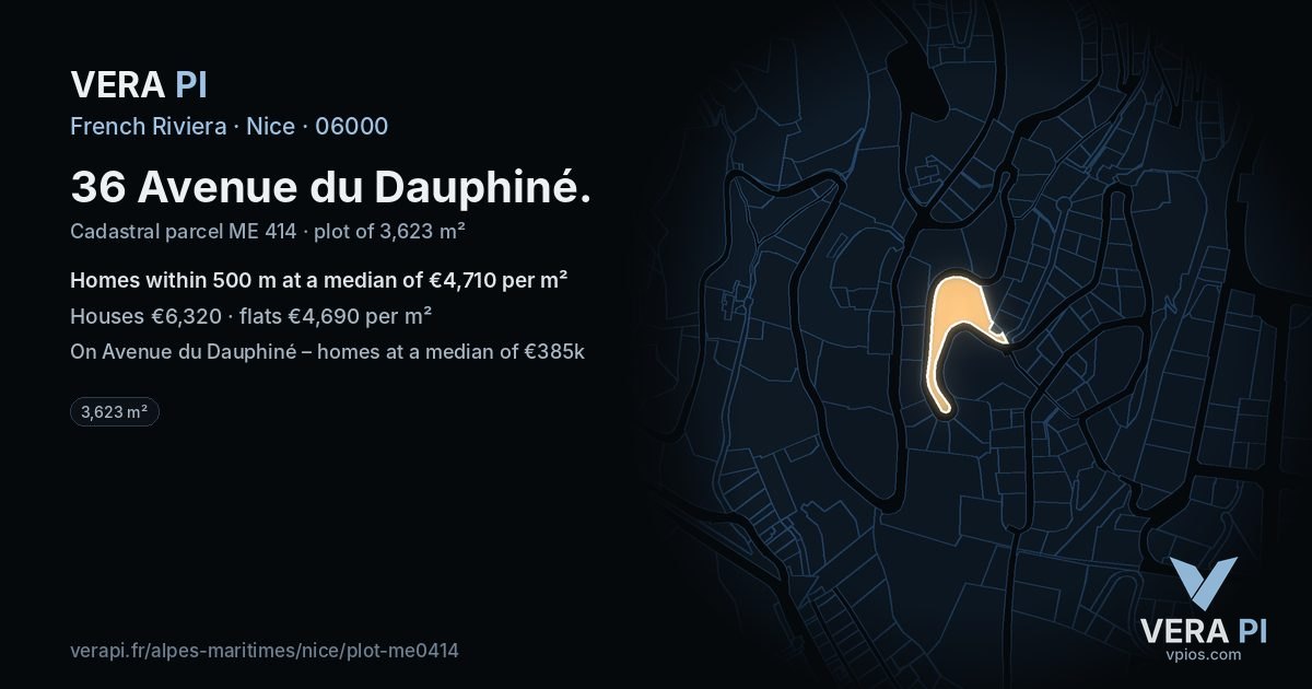36 Avenue du Dauphiné, Nice at night – the plot lit, the parcels around coloured by the prices near them
