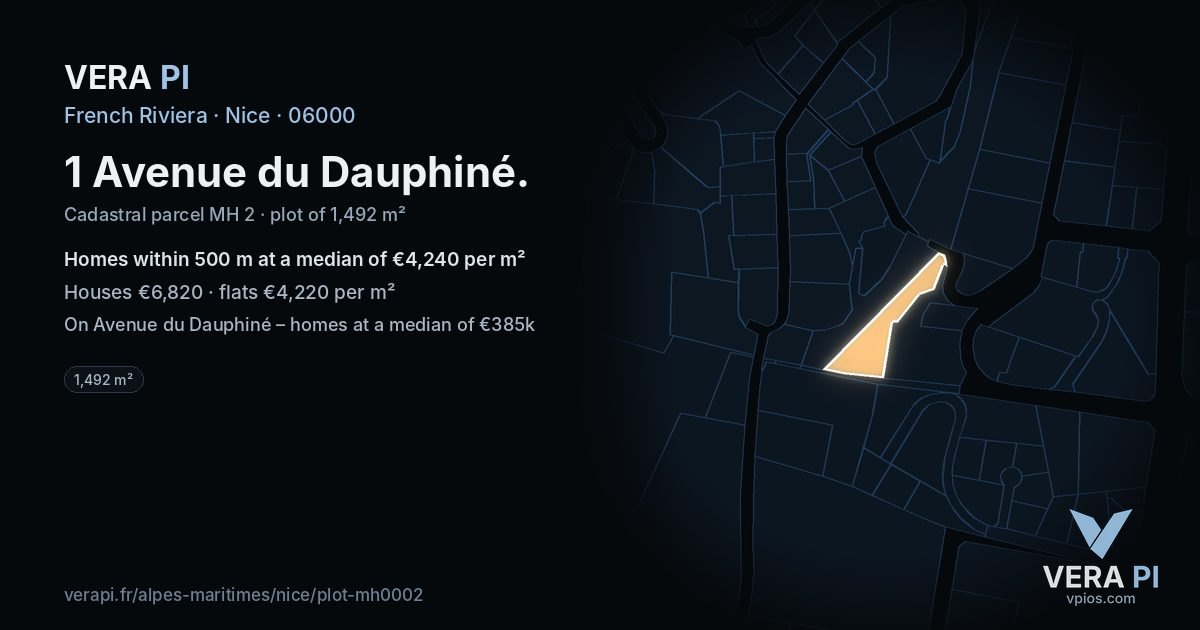 1 Avenue du Dauphiné, Nice at night – the plot lit, the parcels around coloured by the prices near them