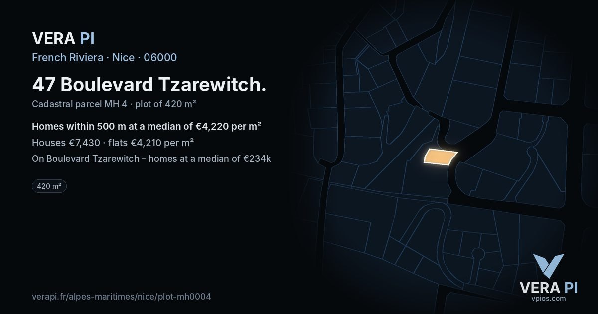 47 Boulevard Tzarewitch, Nice at night – the plot lit, the parcels around coloured by the prices near them