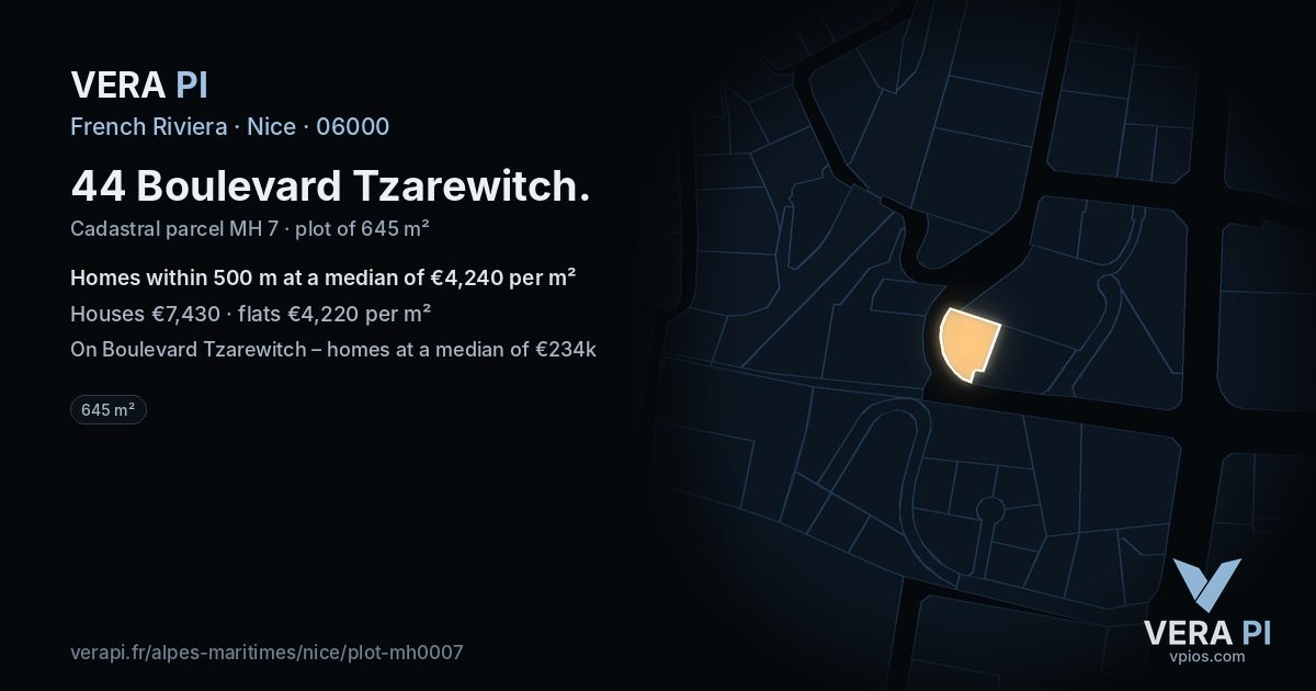 44 Boulevard Tzarewitch, Nice at night – the plot lit, the parcels around coloured by the prices near them