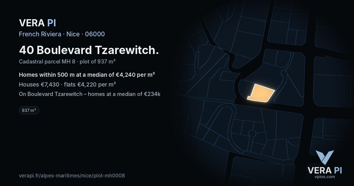 40 Boulevard Tzarewitch, Nice at night – the plot lit, the parcels around coloured by the prices near them