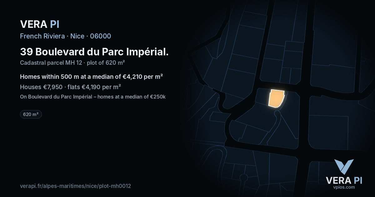 39 Boulevard du Parc Impérial, Nice at night – the plot lit, the parcels around coloured by the prices near them