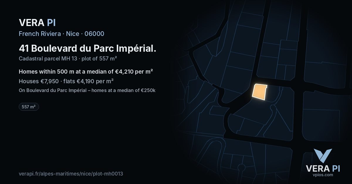 41 Boulevard du Parc Impérial, Nice at night – the plot lit, the parcels around coloured by the prices near them