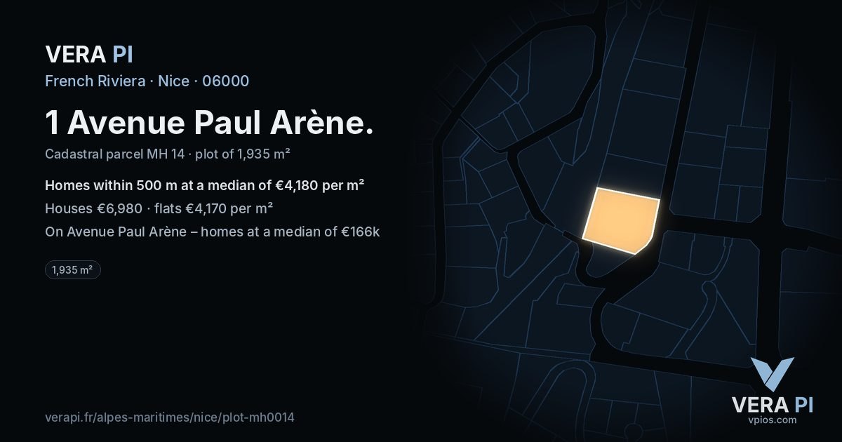 1 Avenue Paul Arène, Nice at night – the plot lit, the parcels around coloured by the prices near them