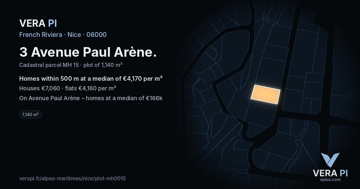 3 Avenue Paul Arène, Nice at night – the plot lit, the parcels around coloured by the prices near them