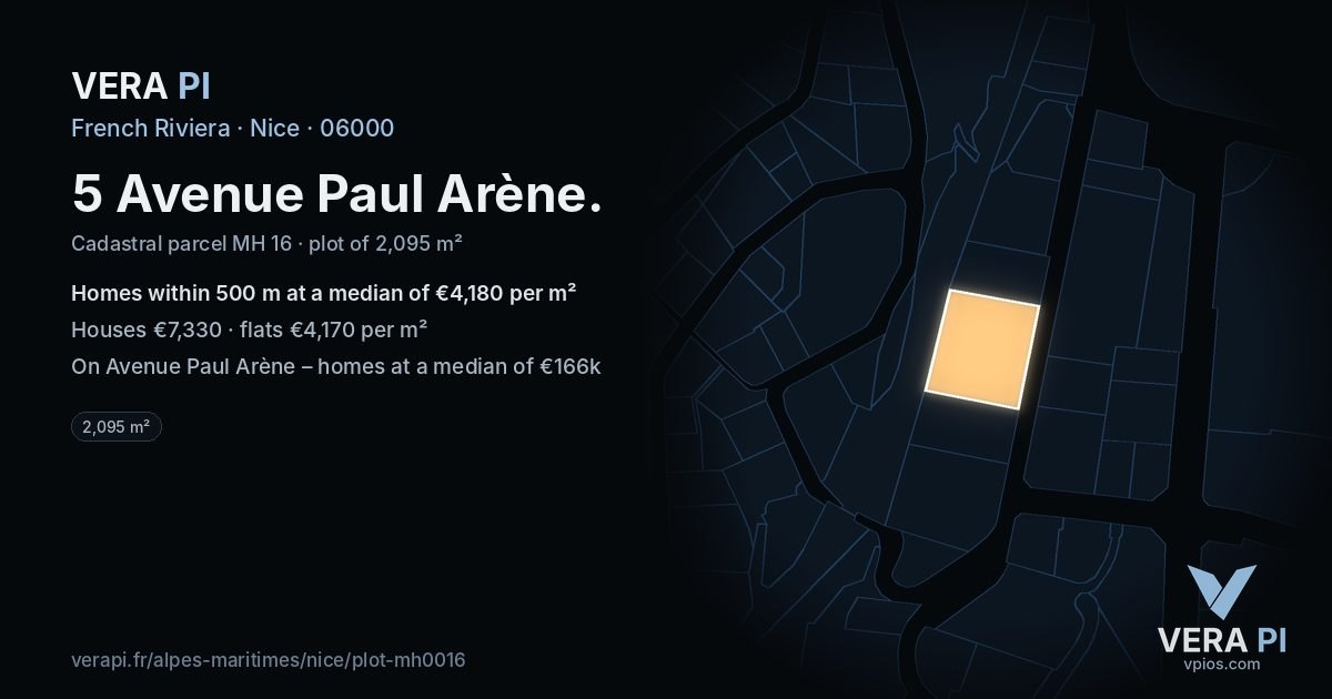 5 Avenue Paul Arène, Nice at night – the plot lit, the parcels around coloured by the prices near them