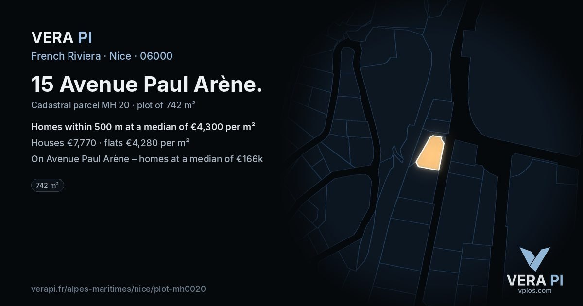 15 Avenue Paul Arène, Nice at night – the plot lit, the parcels around coloured by the prices near them