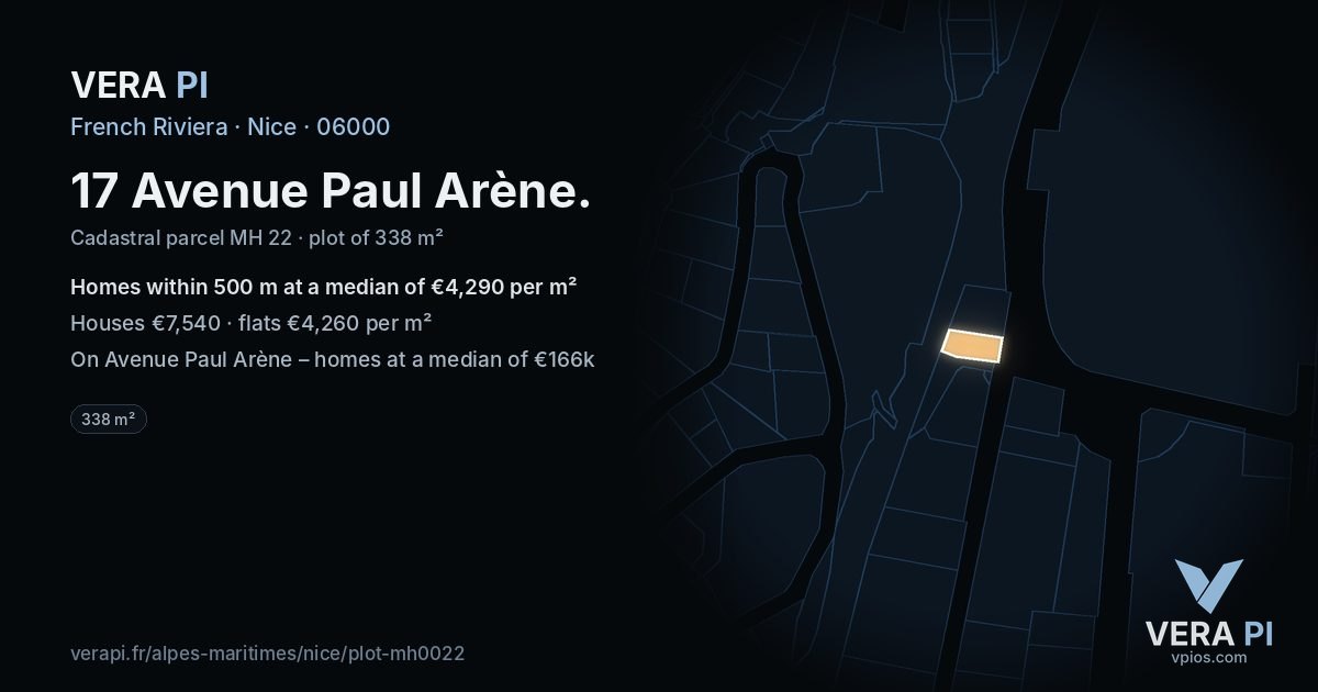 17 Avenue Paul Arène, Nice at night – the plot lit, the parcels around coloured by the prices near them