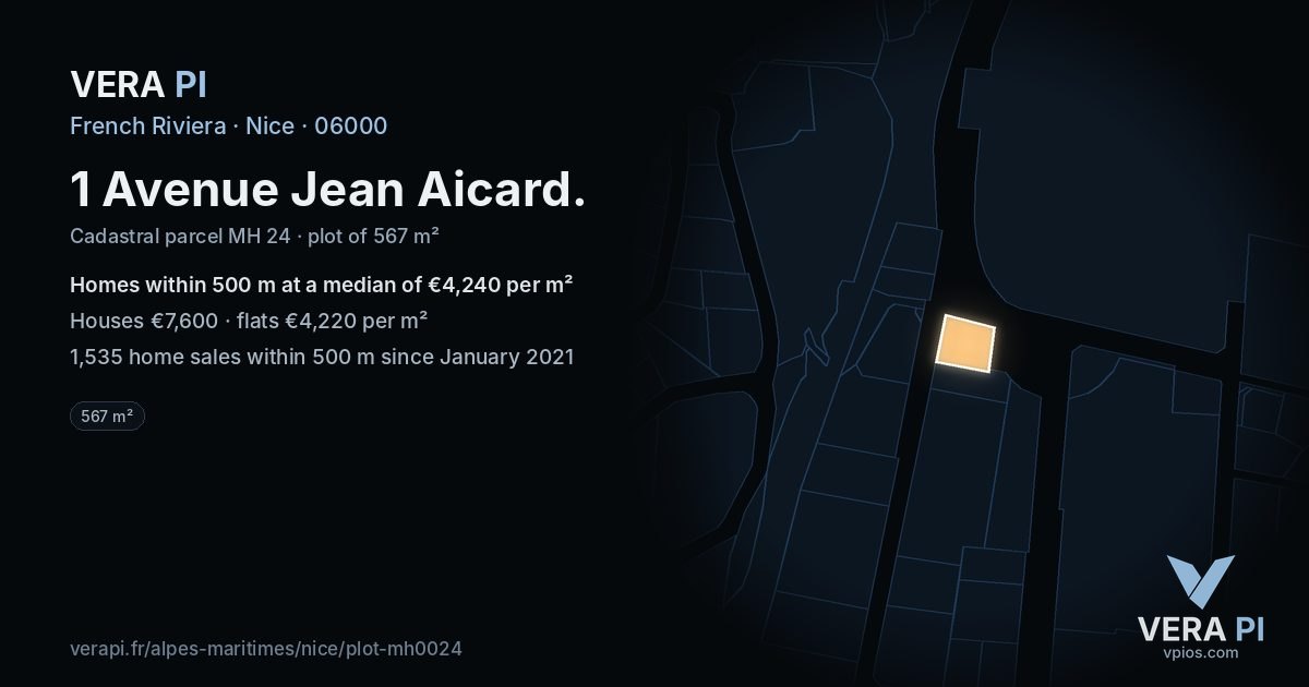 1 Avenue Jean Aicard, Nice at night – the plot lit, the parcels around coloured by the prices near them