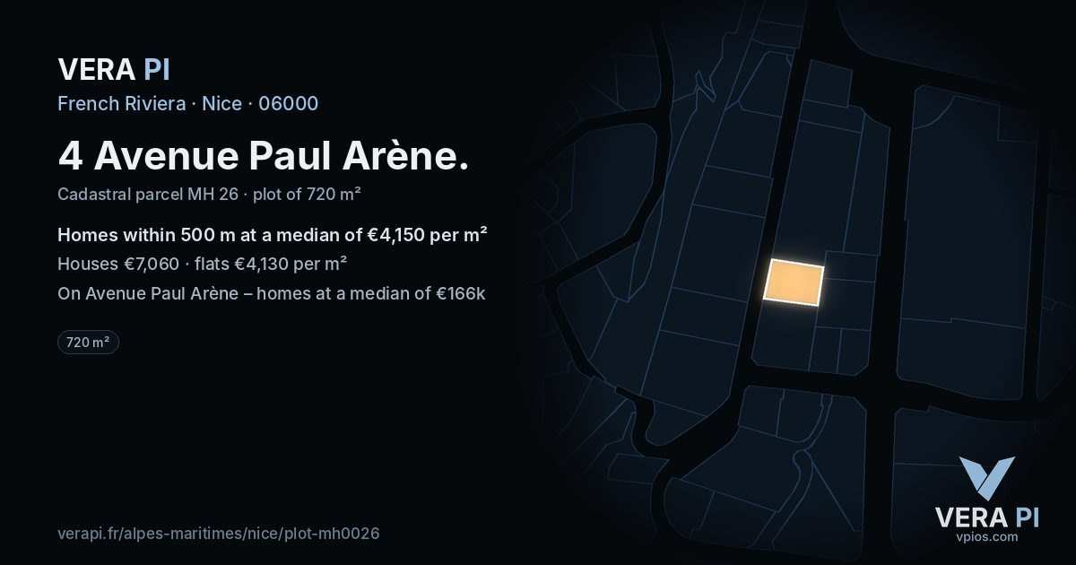 4 Avenue Paul Arène, Nice at night – the plot lit, the parcels around coloured by the prices near them