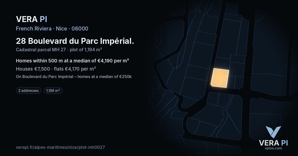 28 Boulevard du Parc Impérial, Nice at night – the plot lit, the parcels around coloured by the prices near them