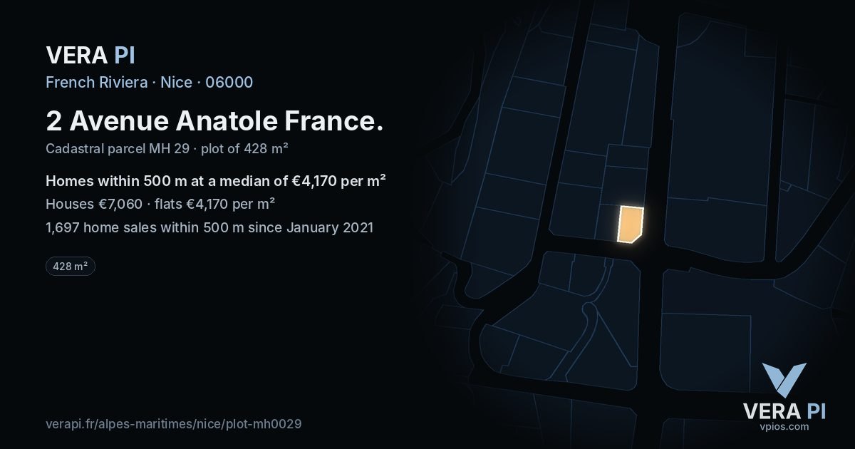 2 Avenue Anatole France, Nice at night – the plot lit, the parcels around coloured by the prices near them