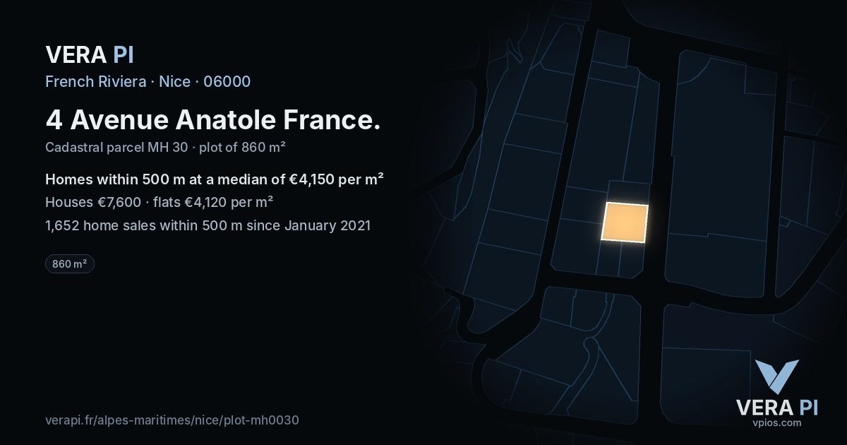 4 Avenue Anatole France, Nice at night – the plot lit, the parcels around coloured by the prices near them