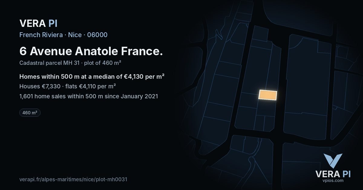 6 Avenue Anatole France, Nice at night – the plot lit, the parcels around coloured by the prices near them