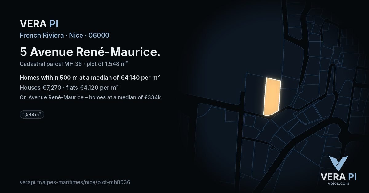 5 Avenue René-Maurice, Nice at night – the plot lit, the parcels around coloured by the prices near them
