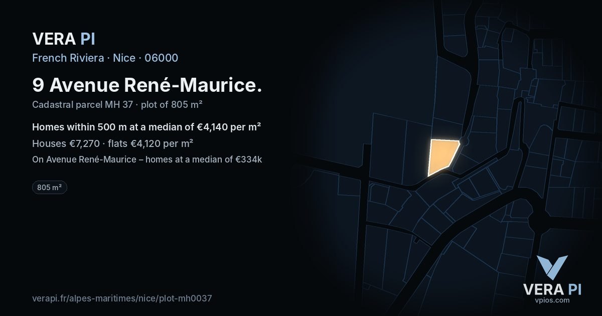 9 Avenue René-Maurice, Nice at night – the plot lit, the parcels around coloured by the prices near them