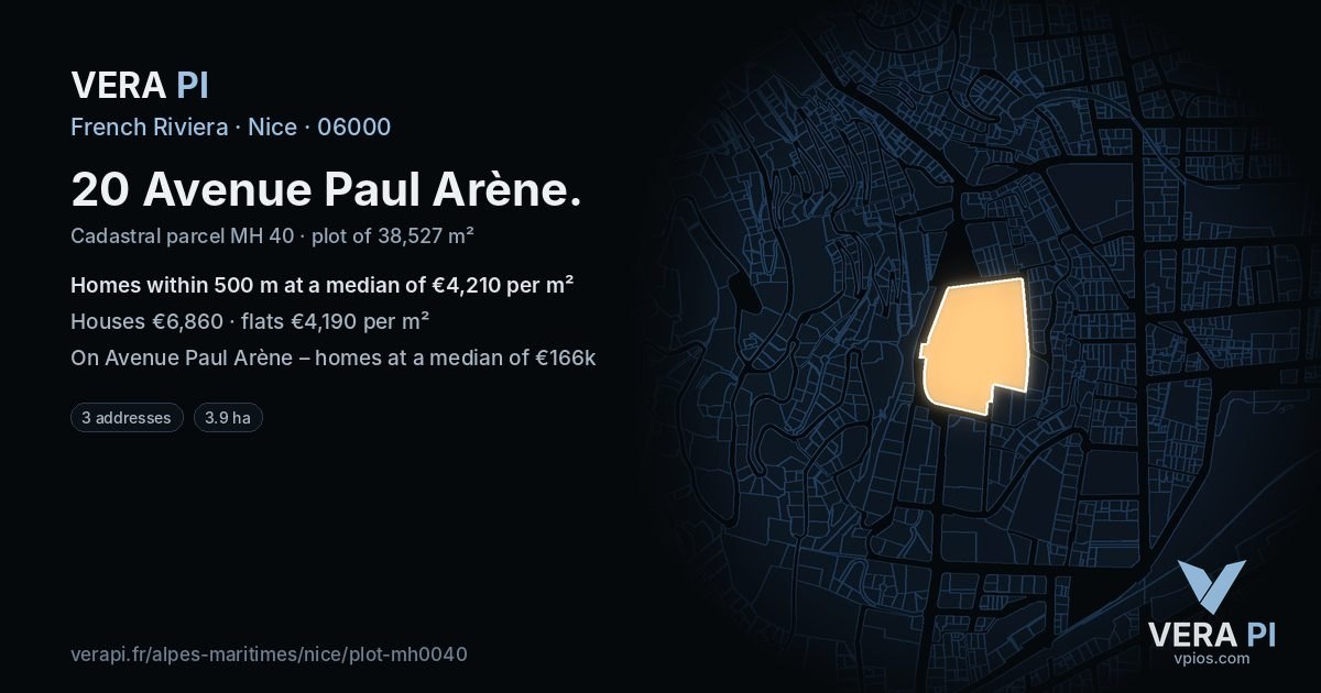 20 Avenue Paul Arène, Nice at night – the plot lit, the parcels around coloured by the prices near them