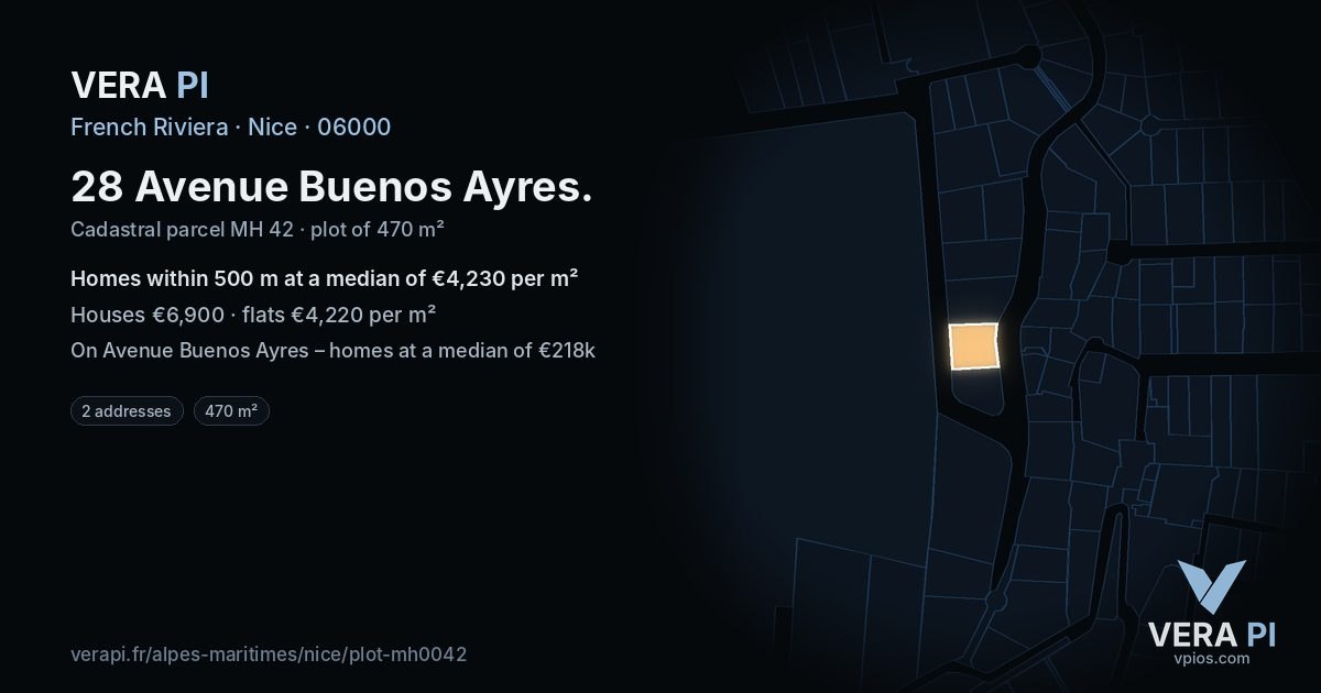 28 Avenue Buenos Ayres, Nice at night – the plot lit, the parcels around coloured by the prices near them