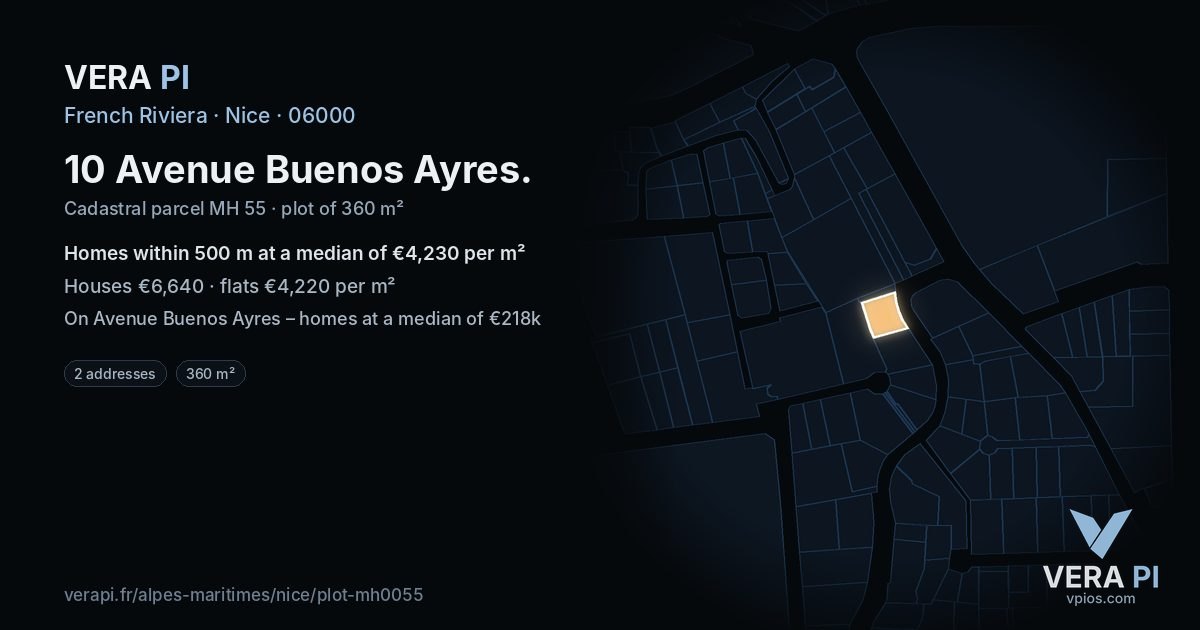 10 Avenue Buenos Ayres, Nice at night – the plot lit, the parcels around coloured by the prices near them