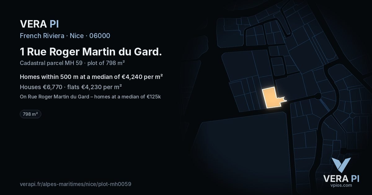 1 Rue Roger Martin du Gard, Nice at night – the plot lit, the parcels around coloured by the prices near them