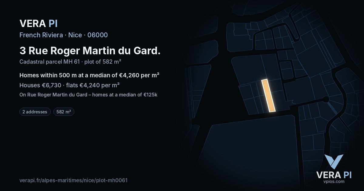 3 Rue Roger Martin du Gard, Nice at night – the plot lit, the parcels around coloured by the prices near them