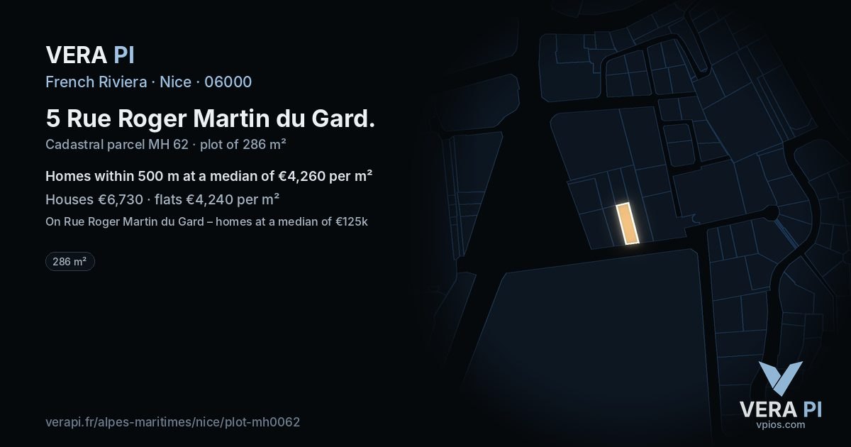 5 Rue Roger Martin du Gard, Nice at night – the plot lit, the parcels around coloured by the prices near them