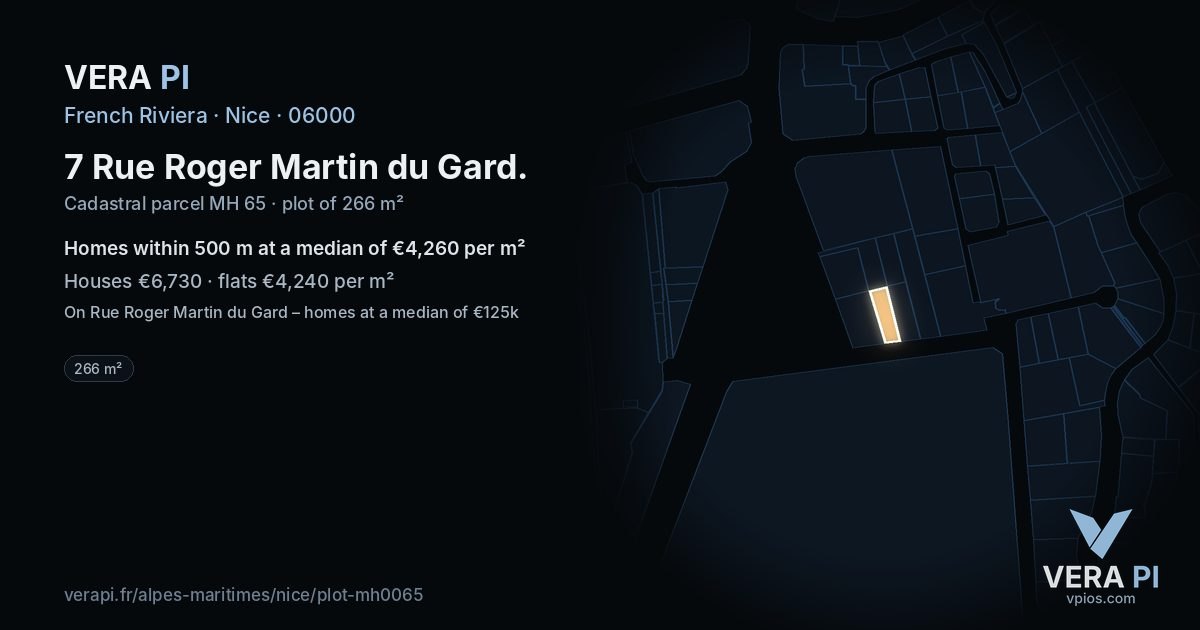 7 Rue Roger Martin du Gard, Nice at night – the plot lit, the parcels around coloured by the prices near them