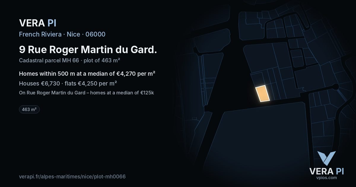 9 Rue Roger Martin du Gard, Nice at night – the plot lit, the parcels around coloured by the prices near them